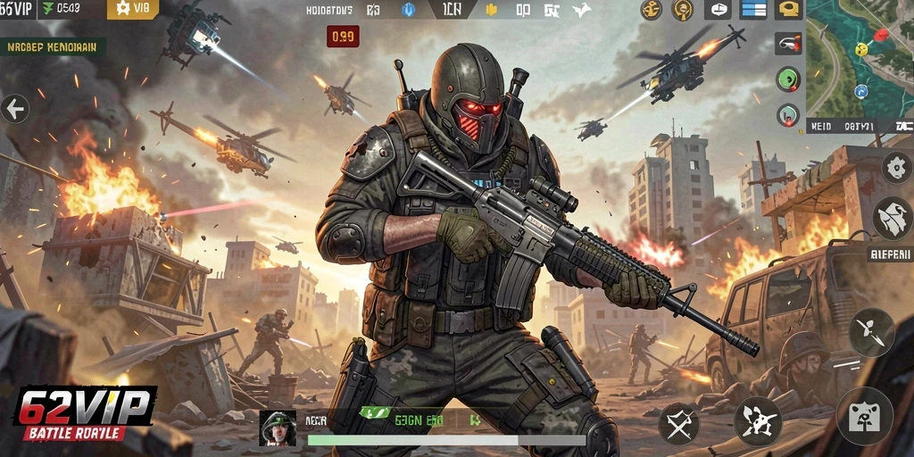 Screenshot gameplay penuh aksi di game Battle Royale 62VIP.