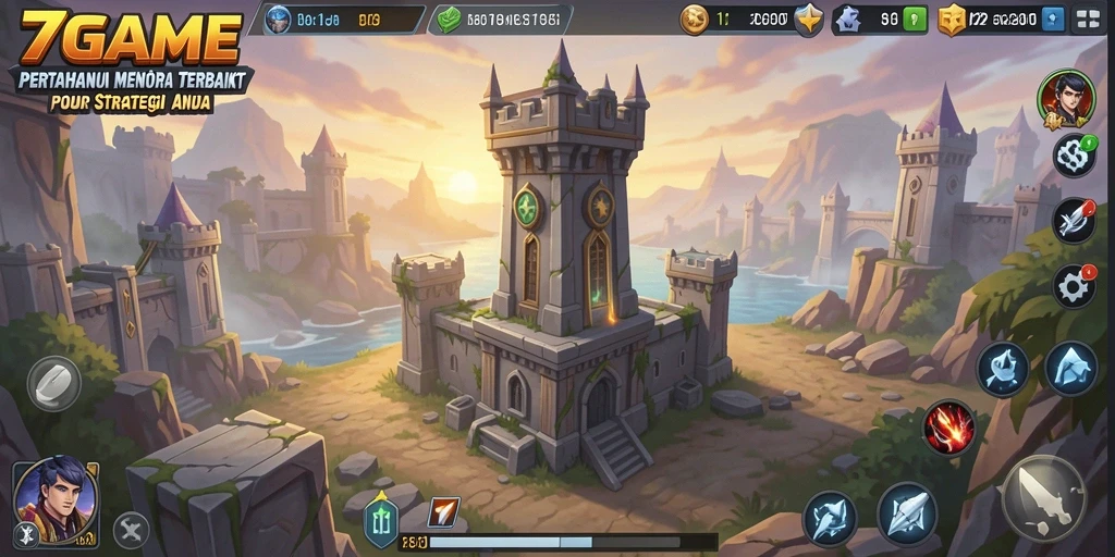Screenshot gameplay menunjukkan pertahanan menara melawan serangan musuh.