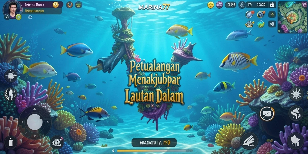 Screenshot utama <strong>MARINA77</strong> menampilkan pemain menjelajahi pulau yang indah.
