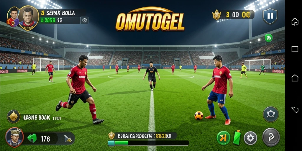 Screenshot gameplay OMUTOGEL menampilkan aksi seru dalam pertandingan sepak bola.