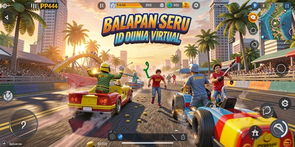 Screenshot gameplay PP444 yang menunjukkan aksi balap yang mendebarkan.