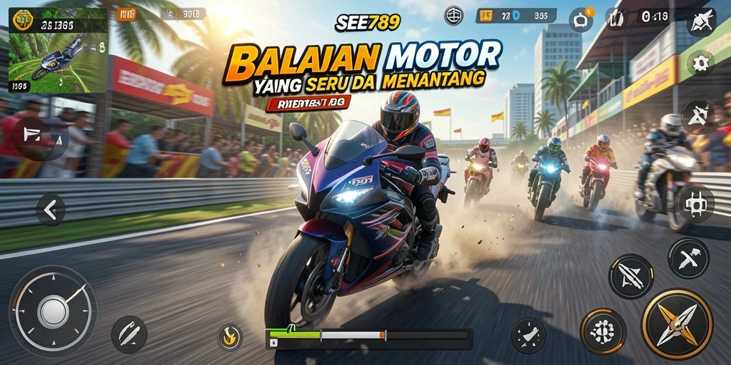 Gameplay mendebarkan dalam balapan motor lintasan yang menantang.