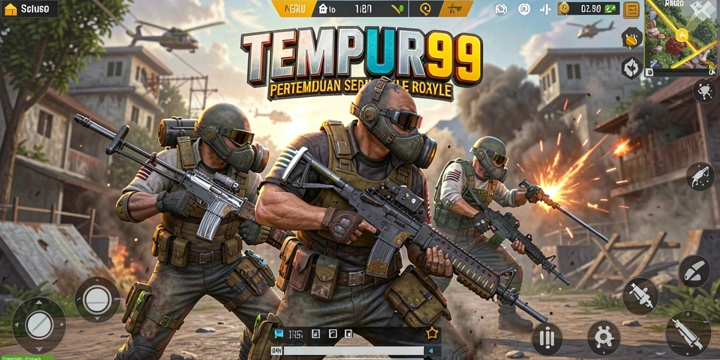 Gambaran utama gameplay seru TEMPUR99 dalam pertempuran Battle Royale.