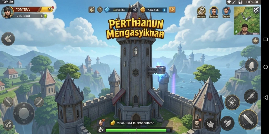 Screenshot gameplay menunjukkan aksi menara pertahanan yang seru di TOPI189.